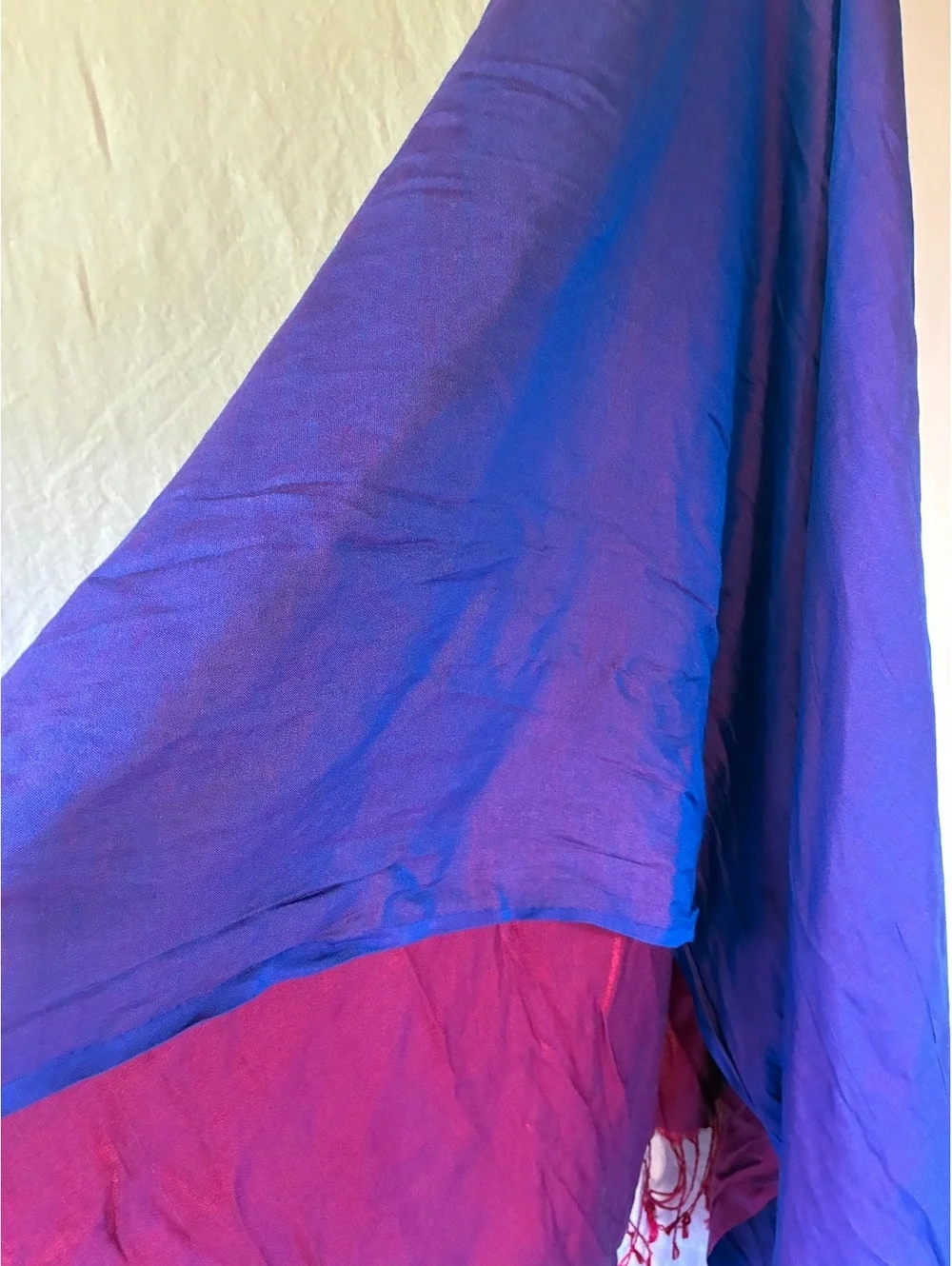 Two-Tone Blue and Burgundy Shawl with Fringe Detailing
